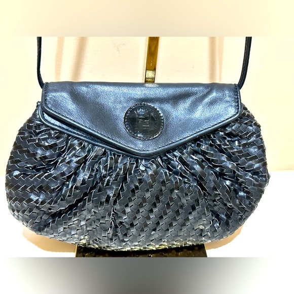 Vintage Fendi Intreccio Woven Black Leather Crossbody Bag